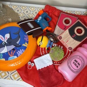 Miscellaneous toys book bag water bottle